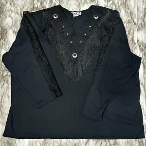 Black Lace Sleeves Western Fringe Vintage Top Sz 42 Cowboy Silver Embellishment